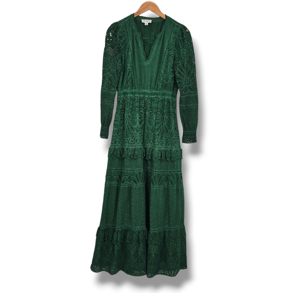 Allison New York Green Eyelet Cotton Tiered Maxi Dress Womens Small Emerald Boho